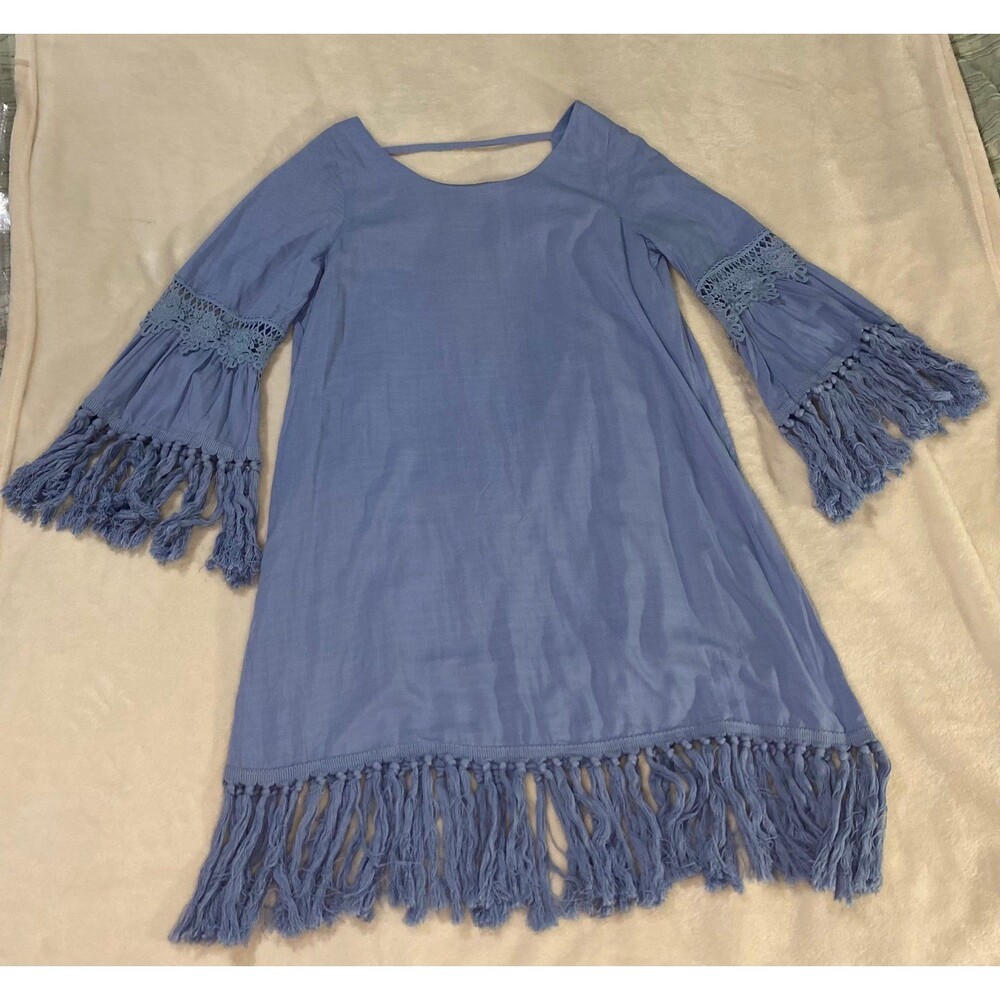 JODIFL Blue Boho Tunic Dress Bell Sleeve Crochet Lace Fringe Tassel Womens S Y2K - Picture 8 of 12